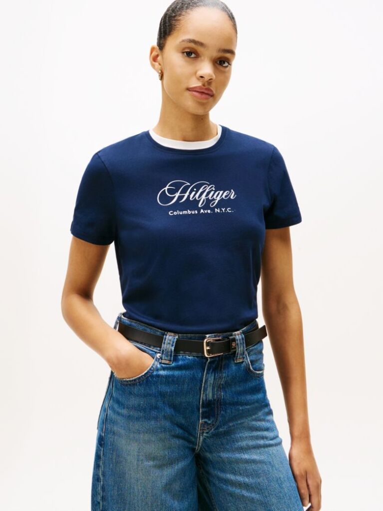 Blue Logo Embroidery Crew Neck T-Shirt  Women