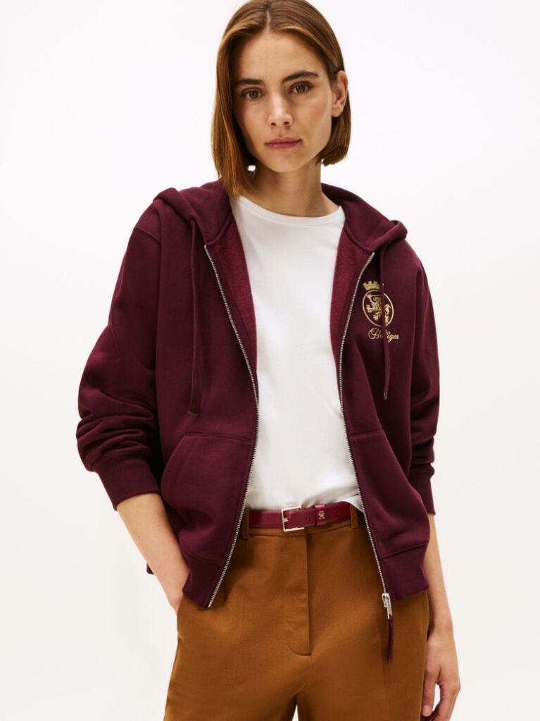 Red TH Crest Embroidery Gold-Tone Zip-Thru Hoody  Women