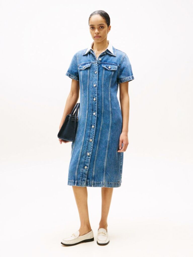 Blue Midi Denim Short Sleeve Shirt Dress  Women