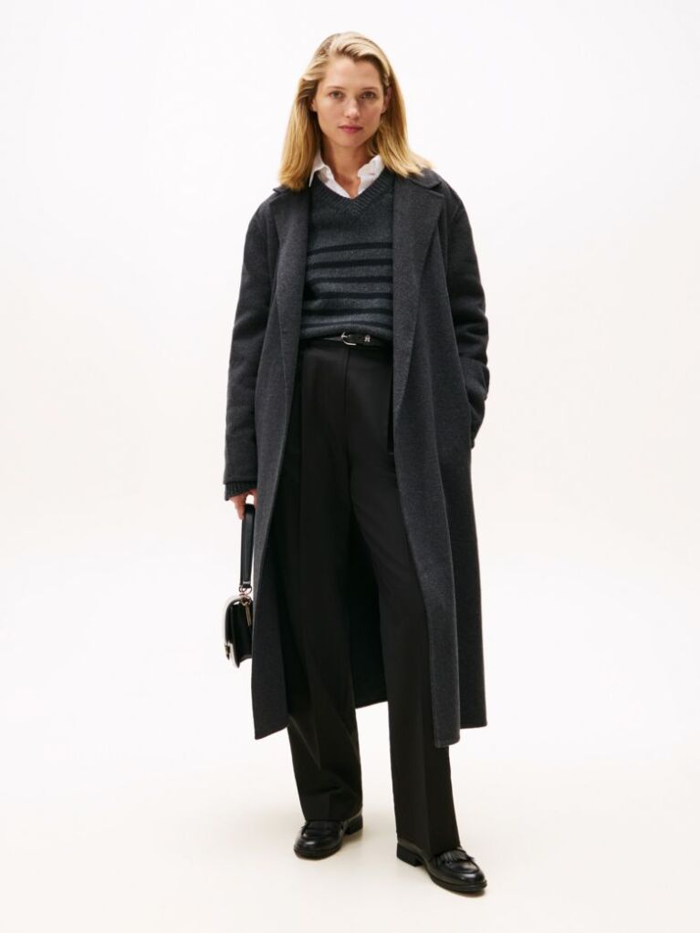 Grey Double-Faced Wool Blend Belted Longline Coat  Women