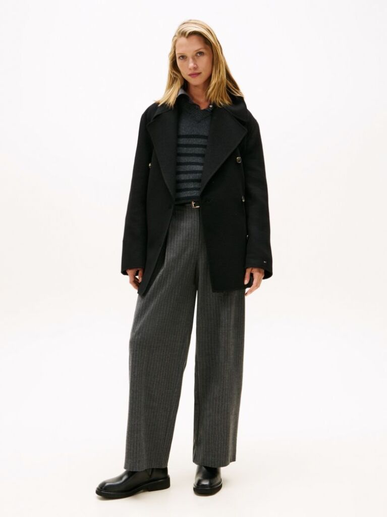 Black Wool Blend Double Breasted Peacoat  Women