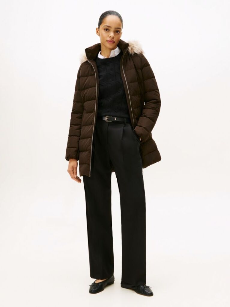 Brown Faux Fur Hood Down Puffer Coat  Women