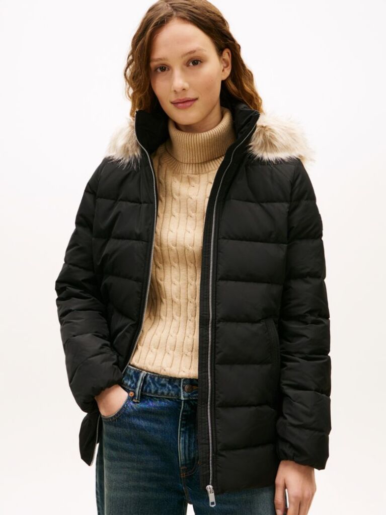 Black Faux Fur Hood Down Puffer Jacket  Women