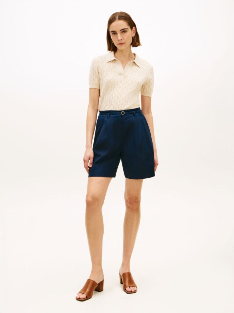 Blue Linen Blend Wide Leg Shorts  Women