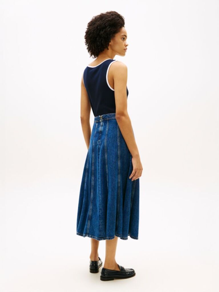 Blue High Waisted Flared Denim Midi Skirt  Women