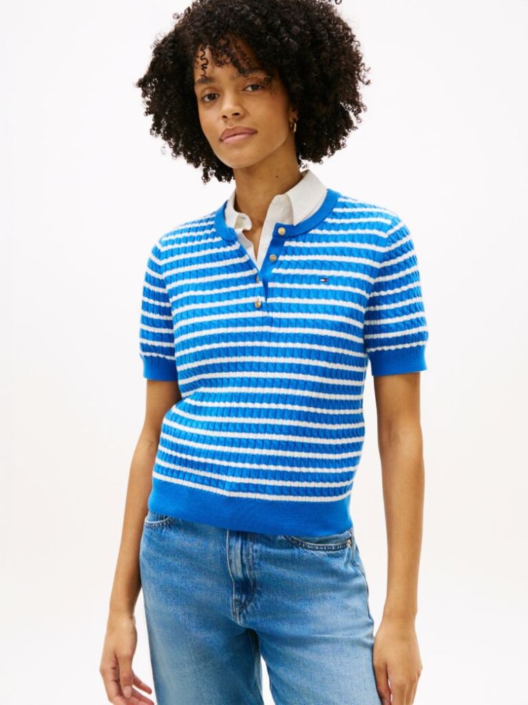 Multi Gold-Tone Button Cable Knit Short Sleeve Jumper  Women