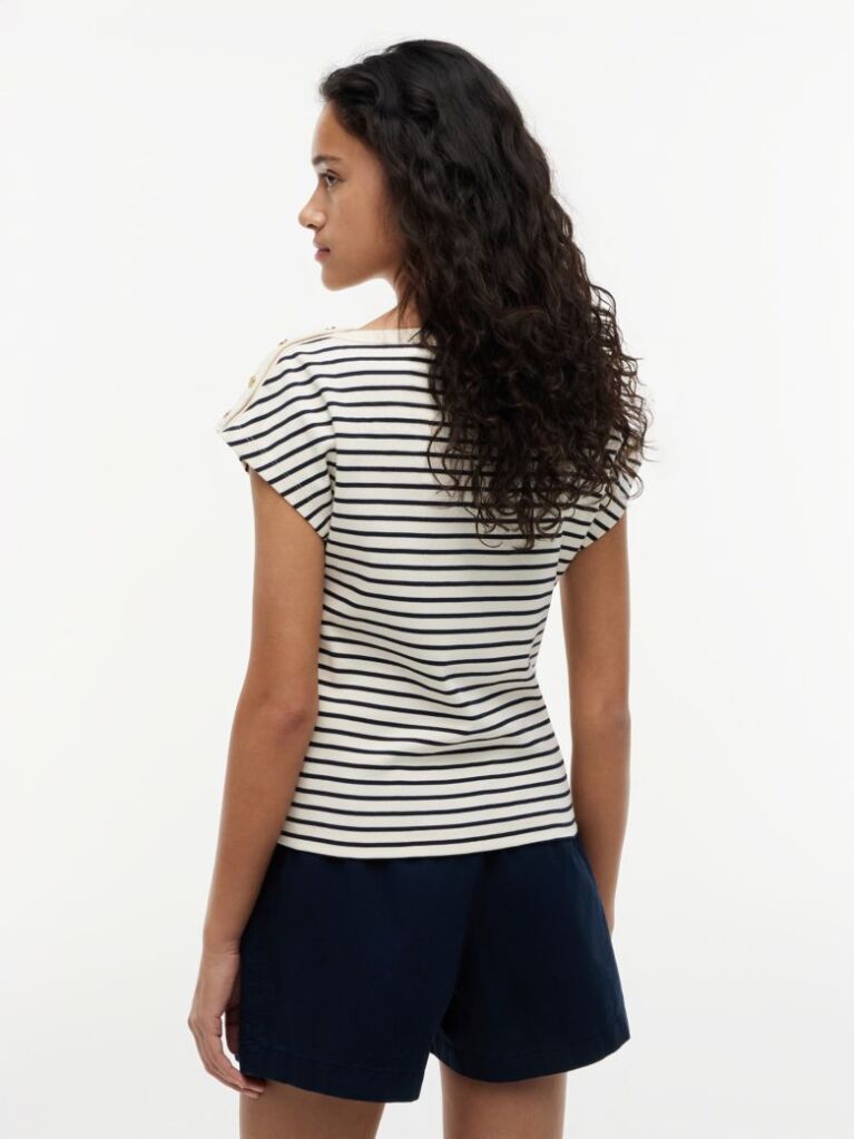 Multi Gold-Tone Button Boat Neck T-Shirt  Women