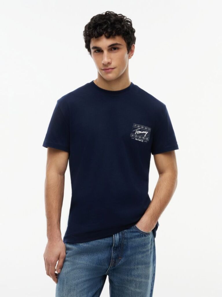 Μπλε Βαμβακερό T-Shirt Με Signature Λογότυπο  Άνδρες