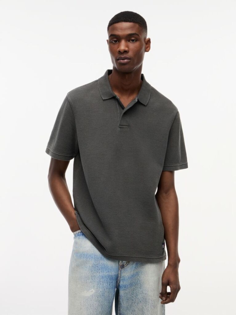 Black Regular Fit Washed Waffle Knit Polo Shirt  Men