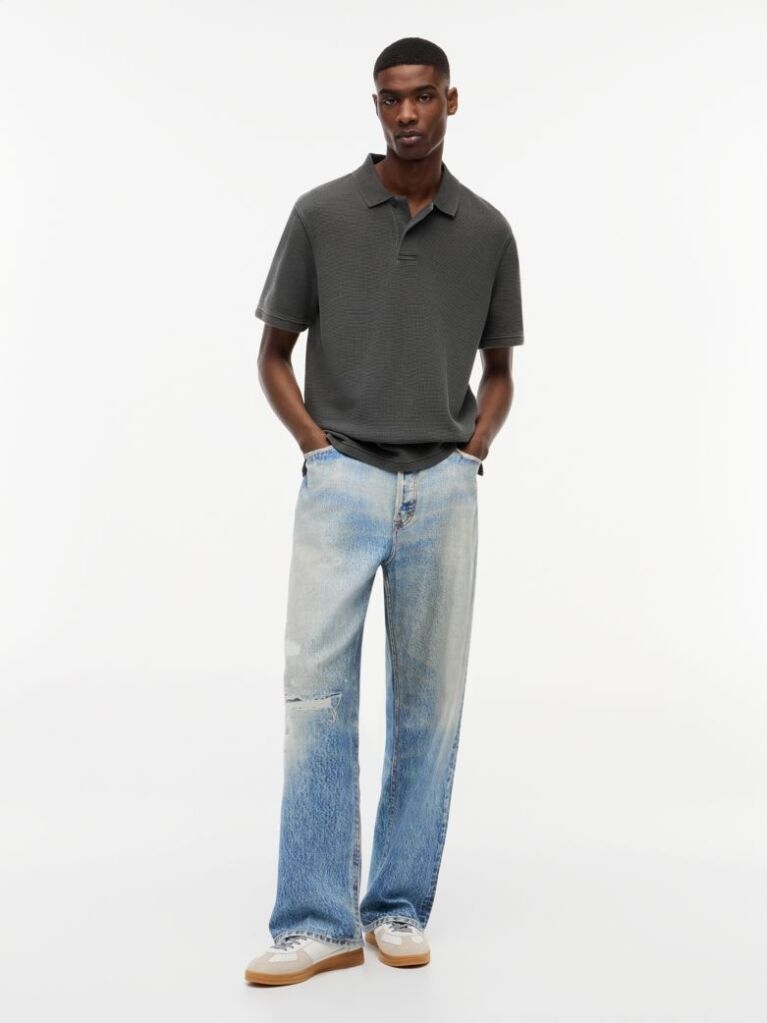 Black Regular Fit Washed Waffle Knit Polo Shirt  Men