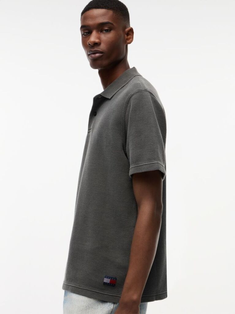 Black Regular Fit Washed Waffle Knit Polo Shirt  Men