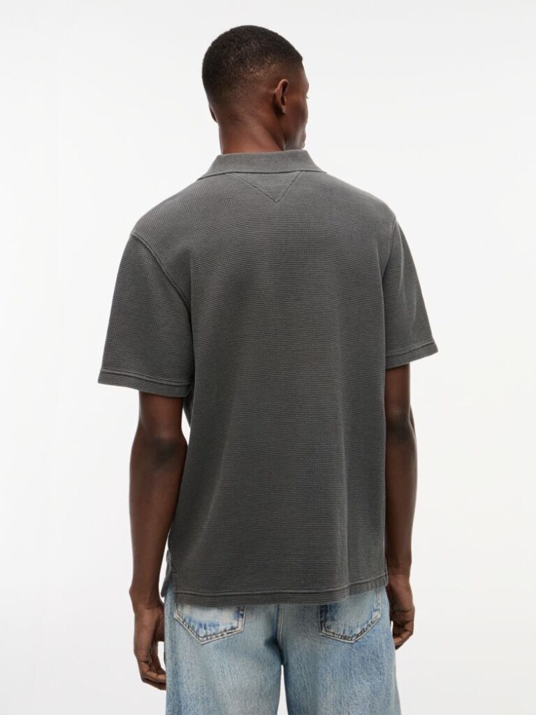 Black Regular Fit Washed Waffle Knit Polo Shirt  Men
