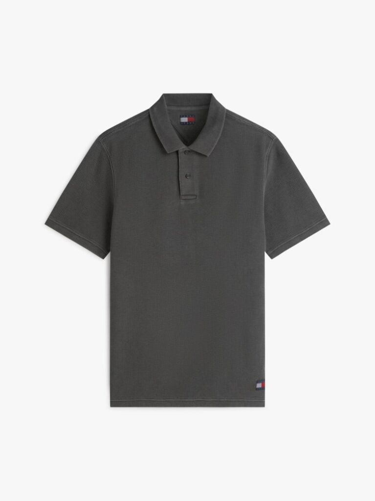 Black Regular Fit Washed Waffle Knit Polo Shirt  Men
