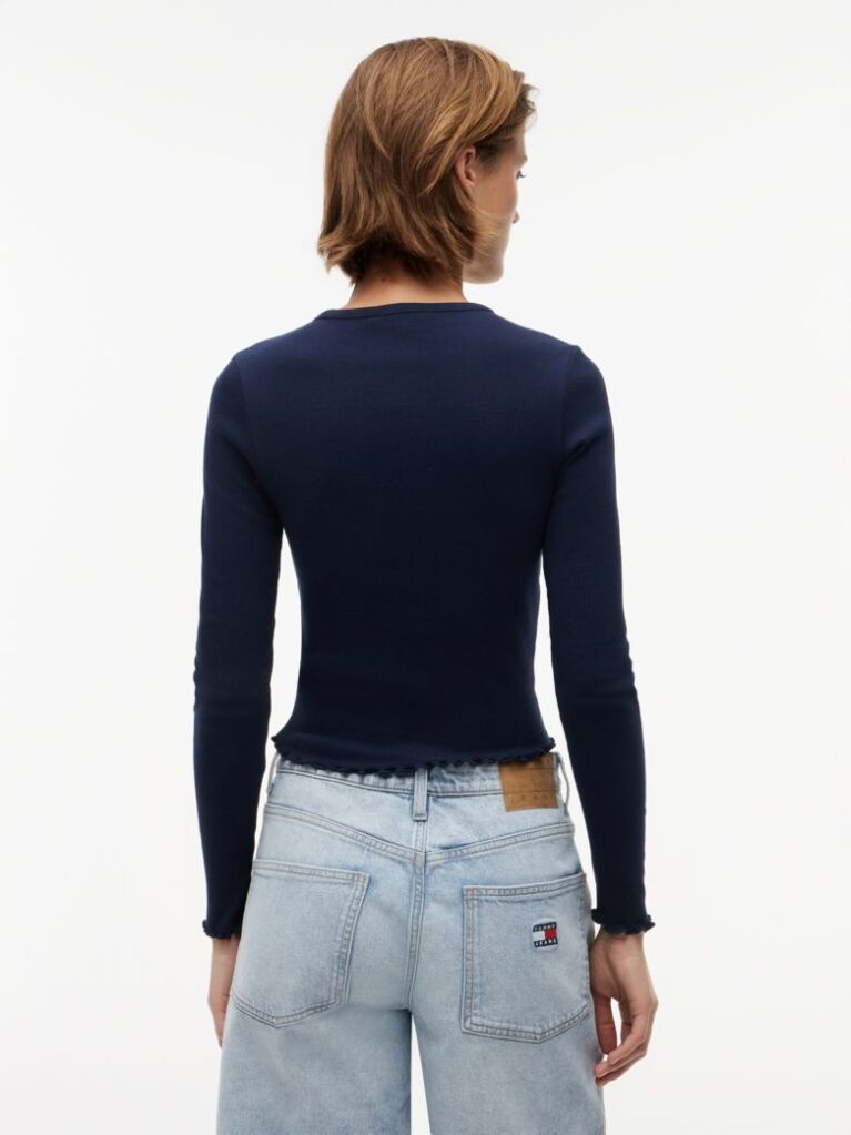 Blue Ribbed Ruffle Slim Long Sleeve T-Shirt  Women