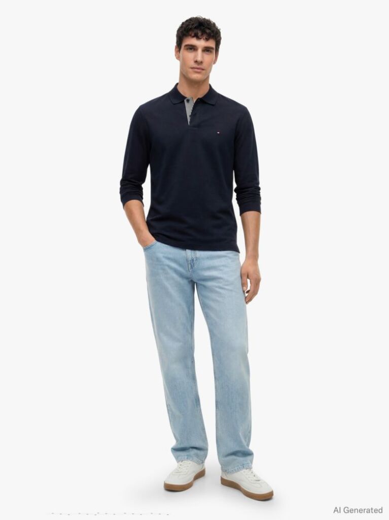 Blue Regular Fit Jacquard Long Sleeve Polo Shirt  Men