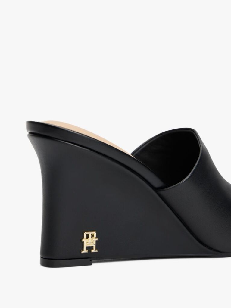 Black Leather TH Monogram Plaque Wedge Mules  Women