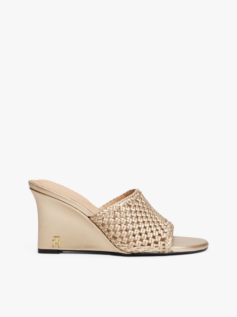 Gold Metallic Leather Crochet Wedge Mules  Women