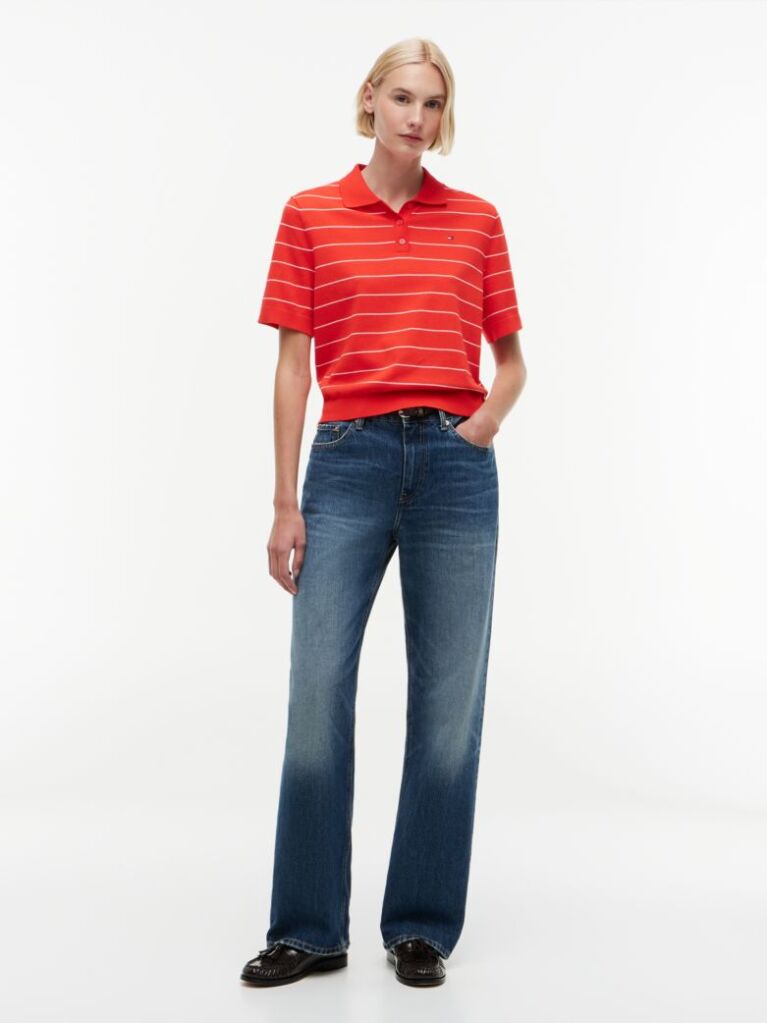 Red Boxy Fit Jersey Polo Shirt  Women