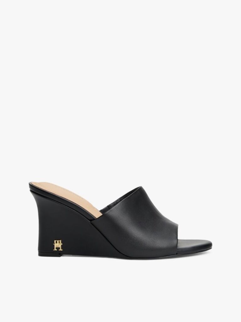Black Leather TH Monogram Plaque Wedge Mules  Women