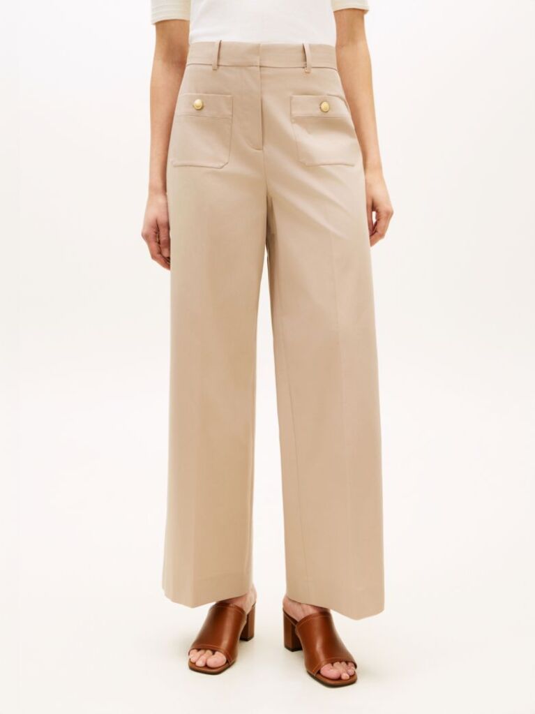 Beige Crest Embossed Button Wide Leg Chinos  Women