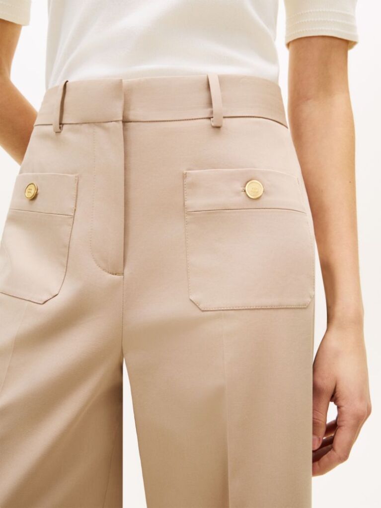 Beige Crest Embossed Button Wide Leg Chinos  Women