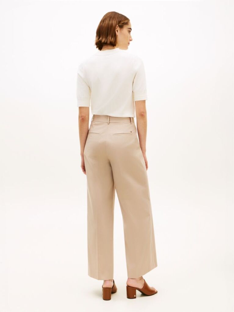 Beige Crest Embossed Button Wide Leg Chinos  Women