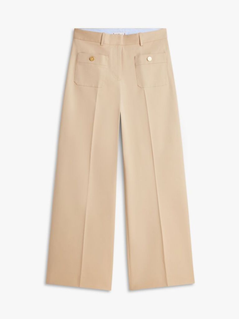 Beige Crest Embossed Button Wide Leg Chinos  Women