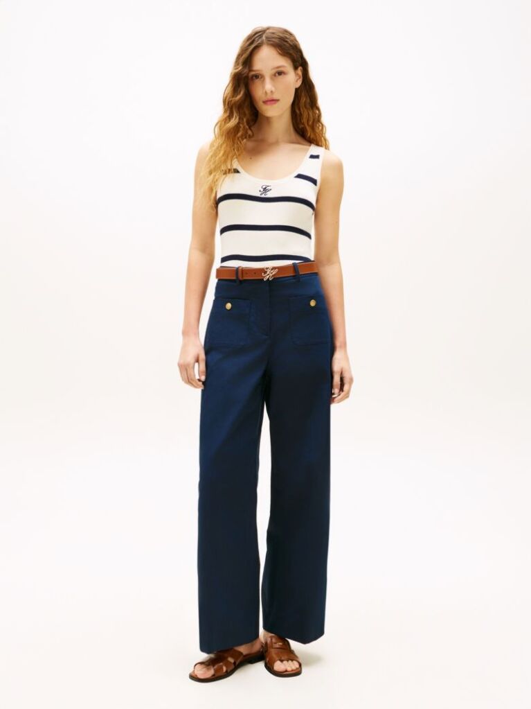 Blue Crest Embossed Button Wide Leg Chinos  Women