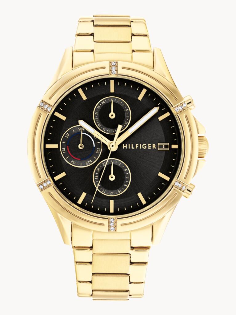 Black Etched Bezel Crystal-Embellished Gold-Plated Watch  Women