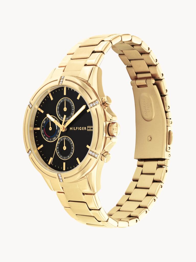 Black Etched Bezel Crystal-Embellished Gold-Plated Watch  Women