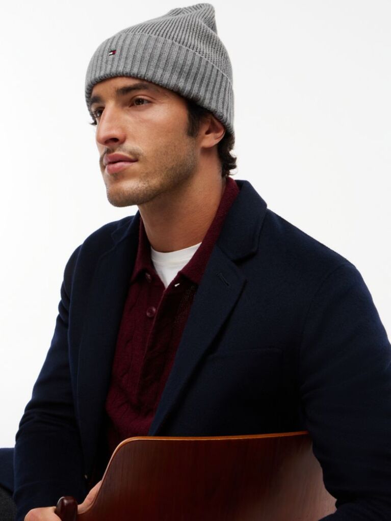 Grey Hilfiger Flag Beanie With Cashmere  Men