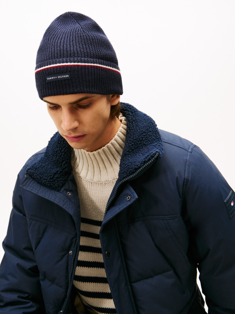 Blue Signature Tape Wool Blend Beanie  Men