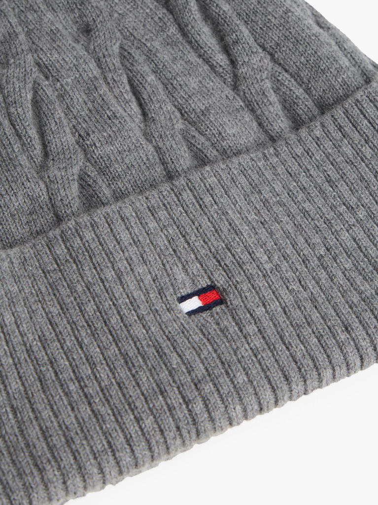 Grey Hilfiger Flag Cable Knit Wool Blend Beanie  Men