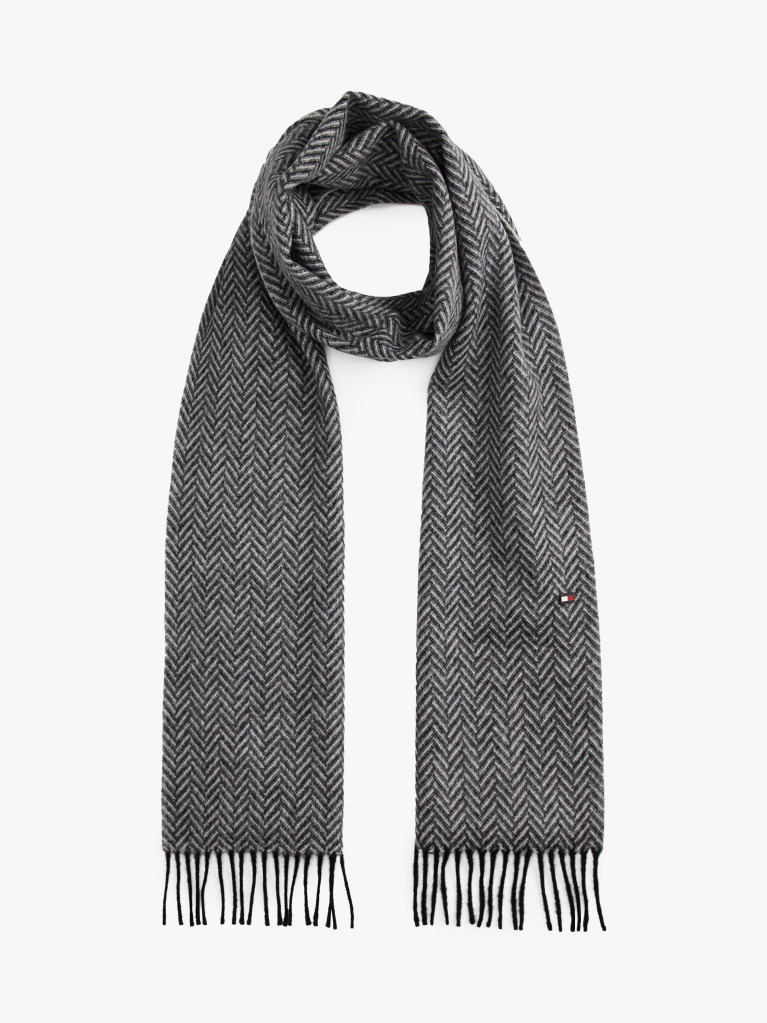 Grey Pure Wool Herringbone Fringed Scarf  Men