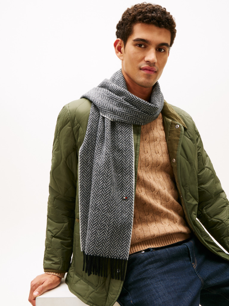 Grey Pure Wool Herringbone Fringed Scarf  Men