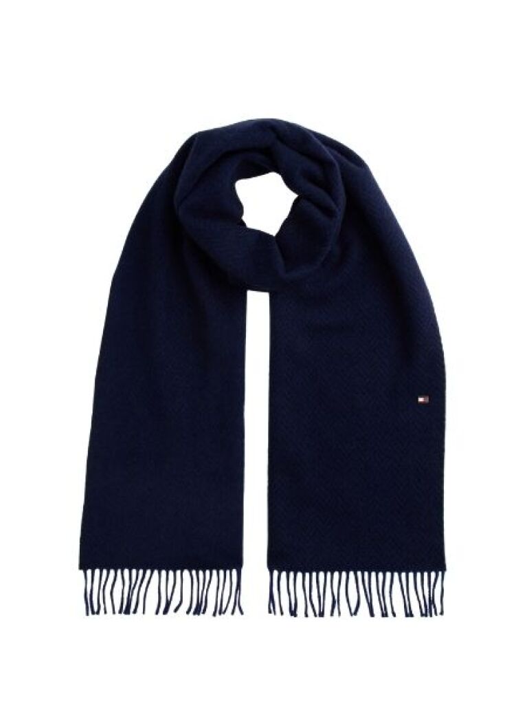 Blue Pure Wool Herringbone Fringed Scarf  Men