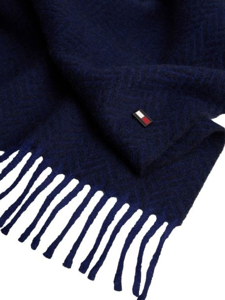 Blue Pure Wool Herringbone Fringed Scarf  Men