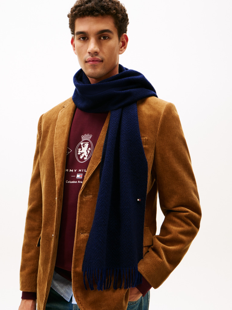 Blue Pure Wool Herringbone Fringed Scarf  Men