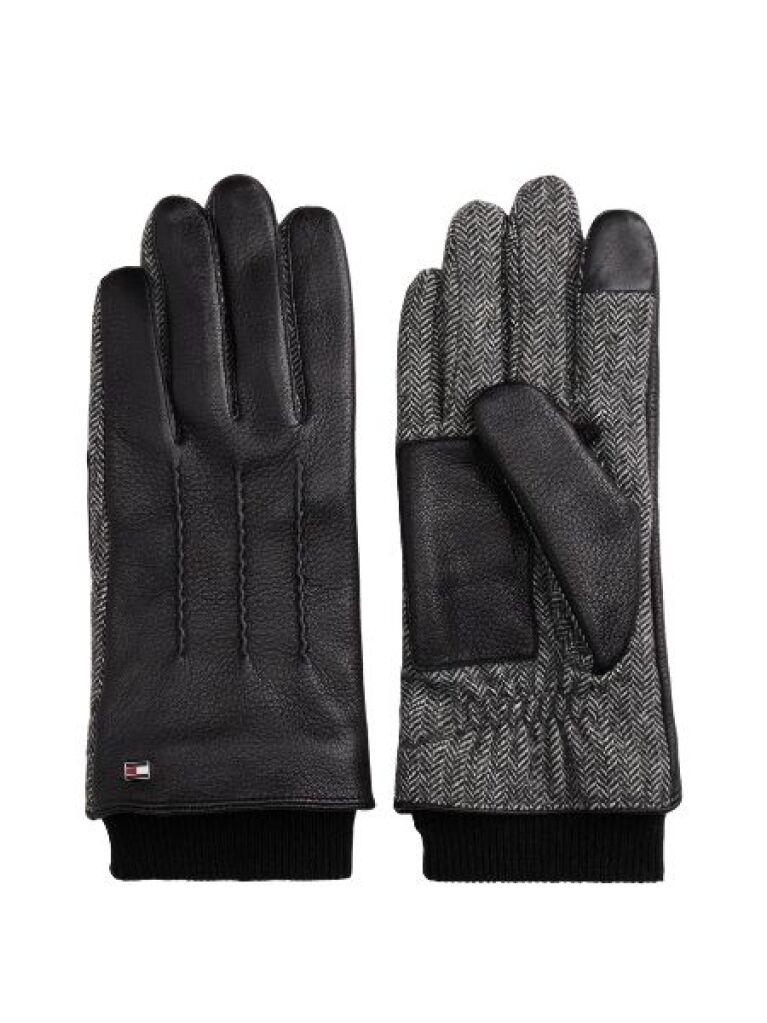 Grey Touchscreen Herringbone Leather Gloves  Men