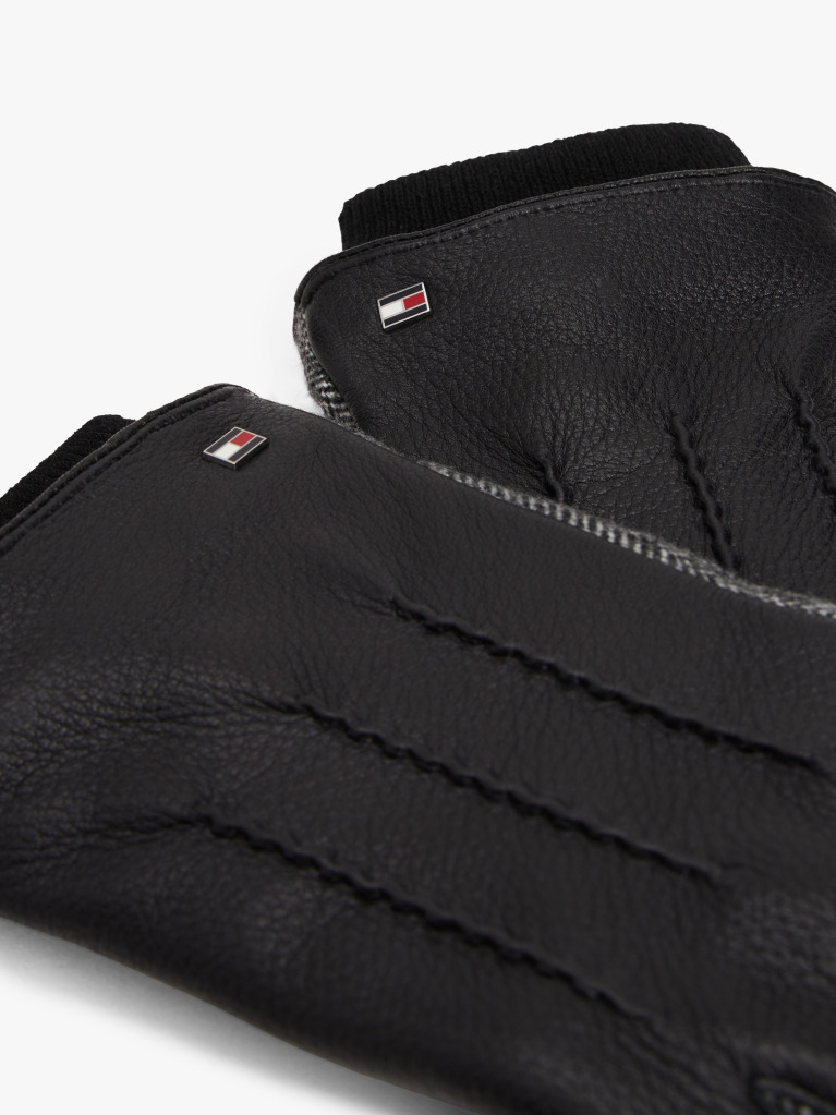 Grey Touchscreen Herringbone Leather Gloves  Men