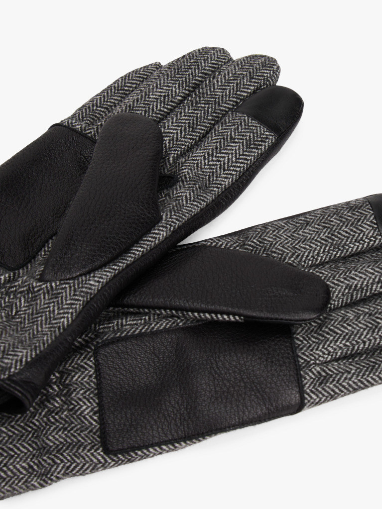 Grey Touchscreen Herringbone Leather Gloves  Men