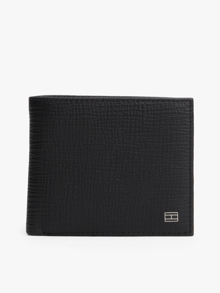 Black Hilfiger Flag Leather Card And Coin Bifold Wallet  Men