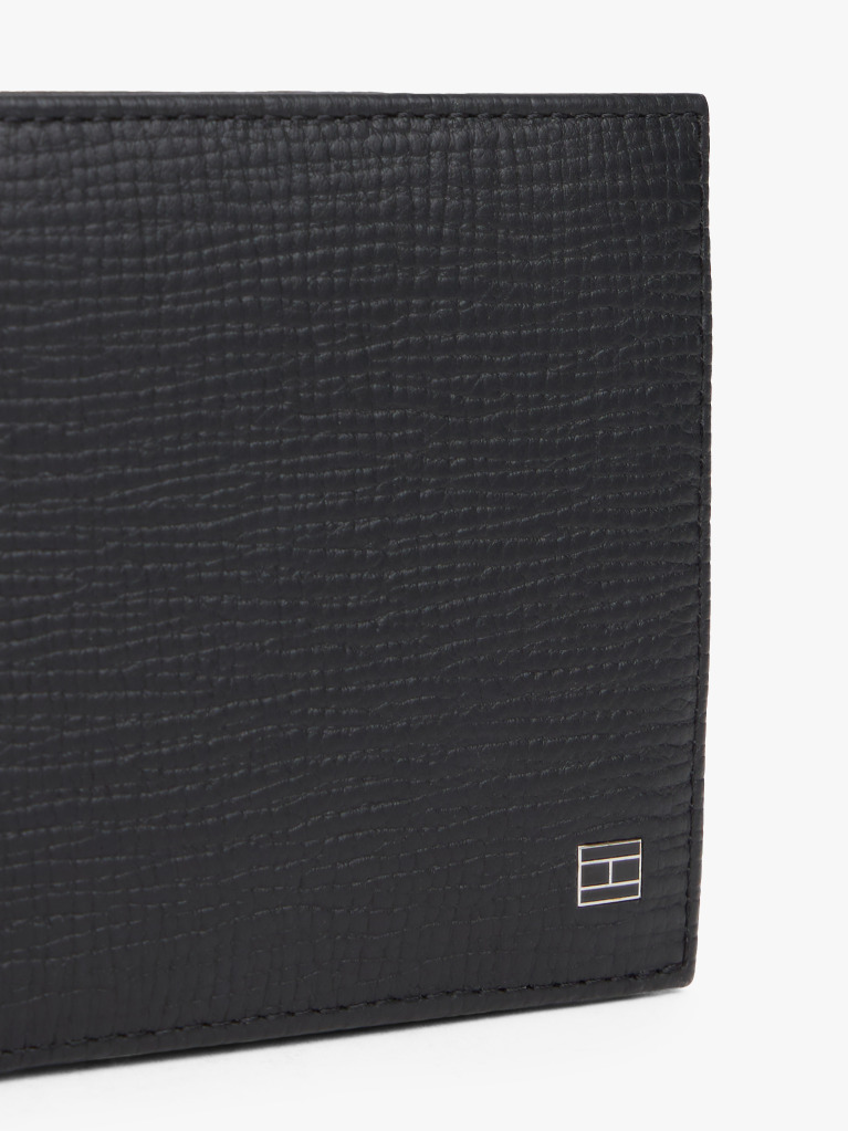 Black Hilfiger Flag Leather Card And Coin Bifold Wallet  Men