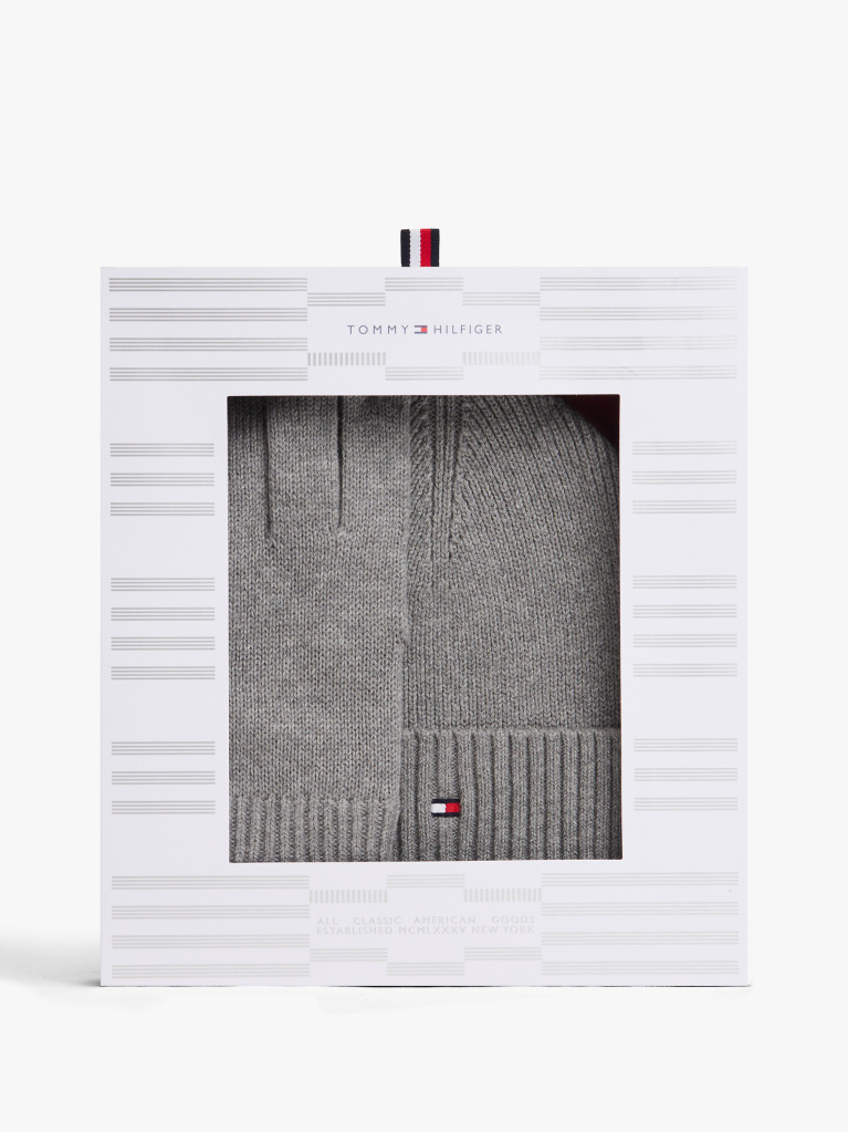 Grey Hilfiger Flag Beanie And Gloves Gift Set  Men