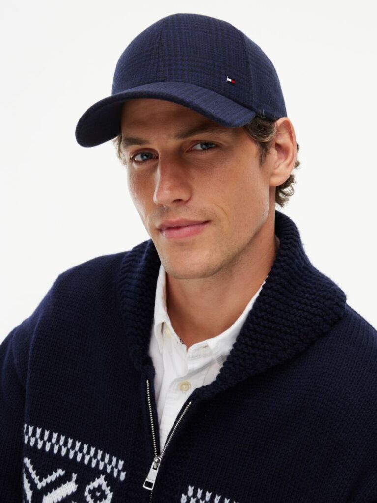 Blue Check Wool Blend Baseball Cap  Men