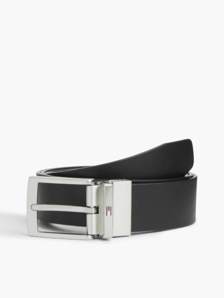 Black Textured Leather Reversible Square Buckle Belt  Men