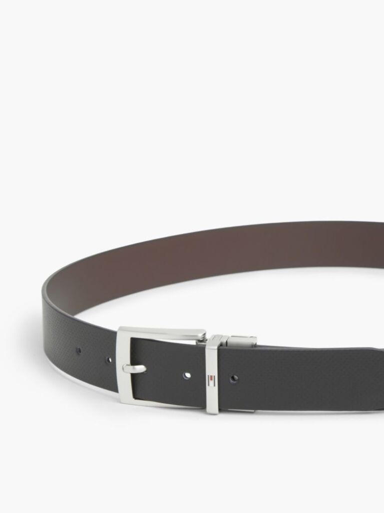 Black Textured Leather Reversible Square Buckle Belt  Men