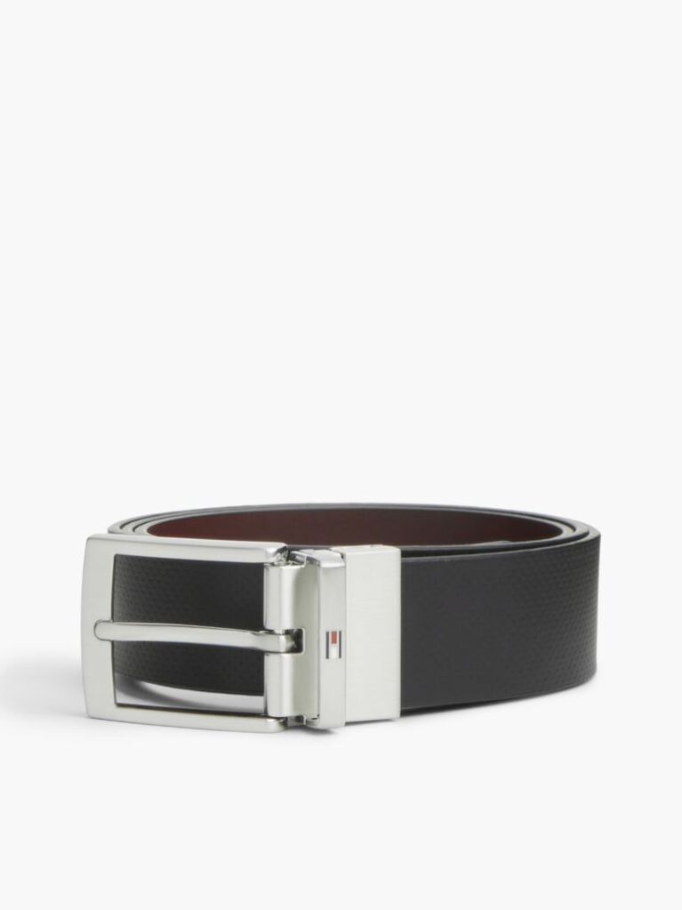 Black Textured Leather Reversible Square Buckle Belt  Men