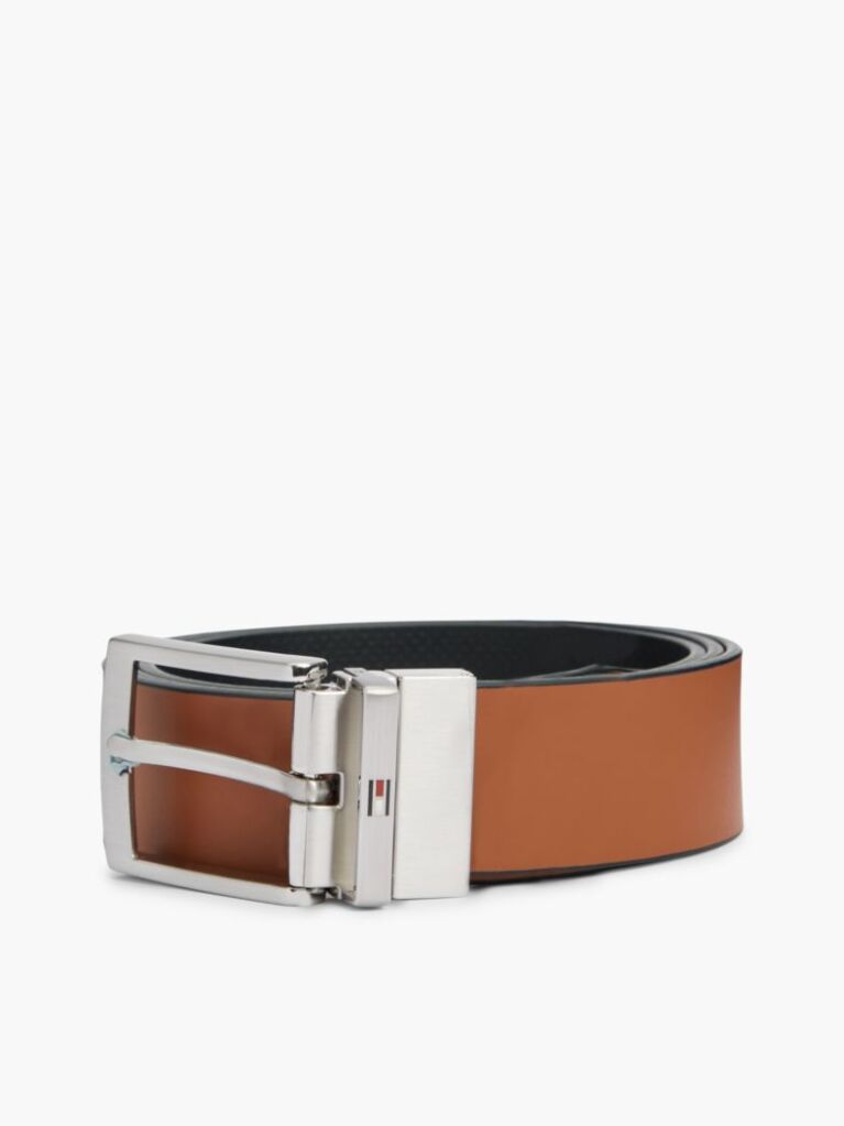 Brown Textured Leather Reversible Square Buckle Belt  Men