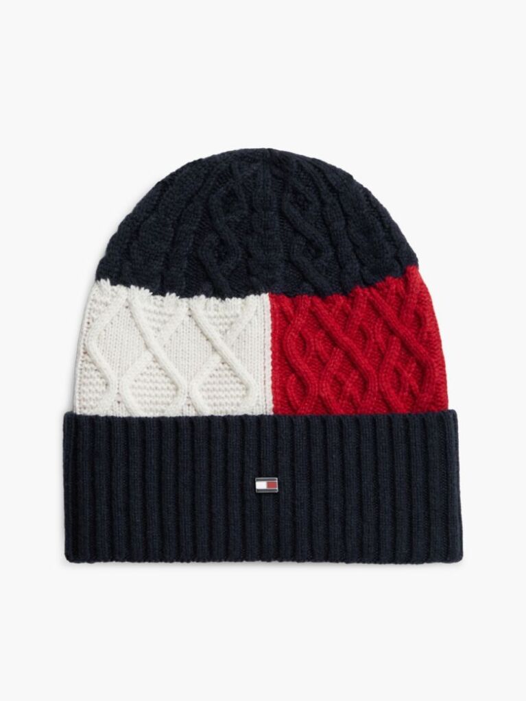 Blue Wool Blend Cable Knit Flag Beanie  Men